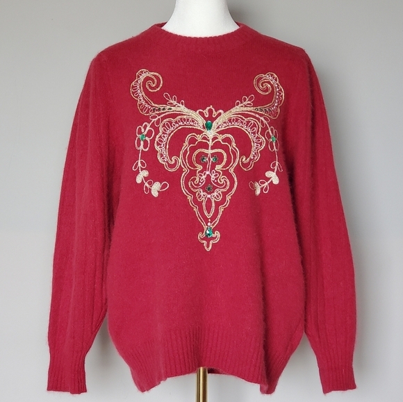 Vintage Kenji RN# 75343 Reindeer Holiday Sequin Embroidered Angora Wool Sweater - Picture 1 of 13
